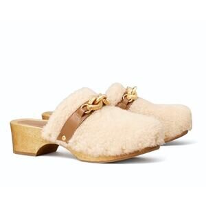 Tory Burch Shearling Clogs Women’s Size 9 Jessa Mules Tan Beige Gold Chain Shoes